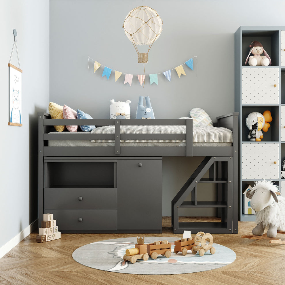 White Twin Size Low Loft Bed With Portable Desk By Homeroots | Beds | Modishstore - 11