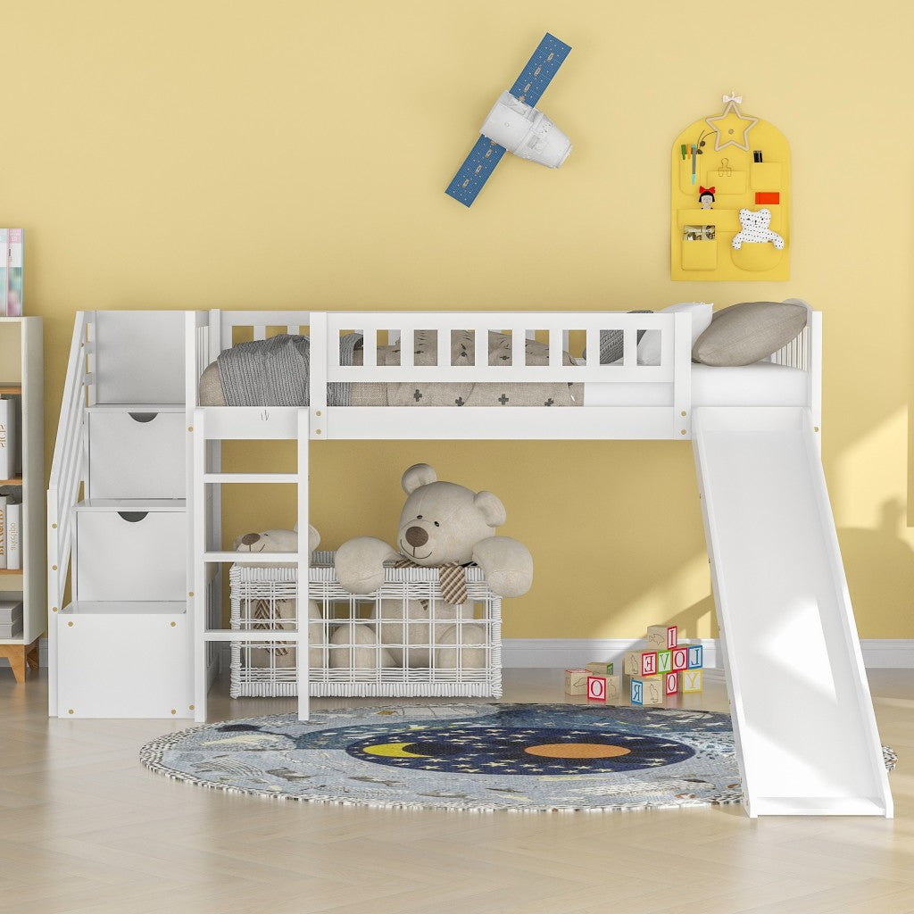 White Twin Size Stairway Loft Bed With Slide By Homeroots | Beds | Modishstore - 2