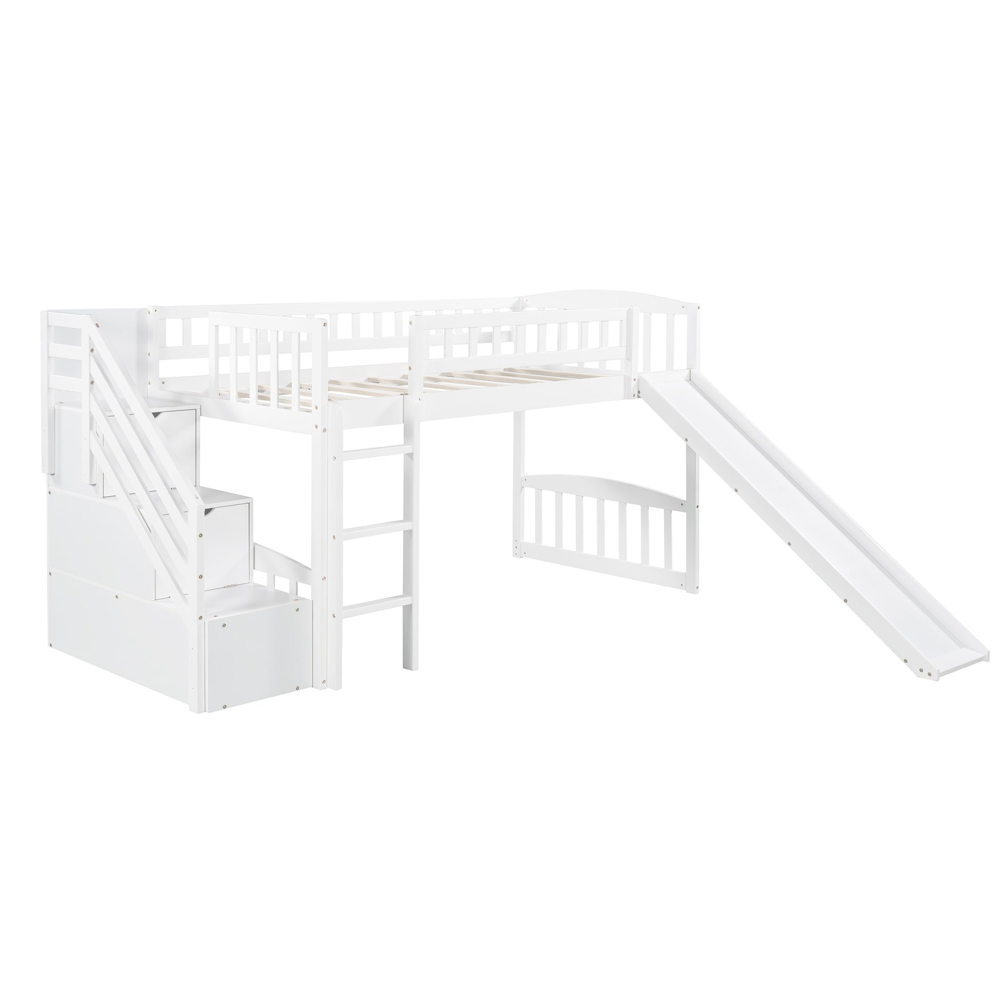 White Twin Size Stairway Loft Bed With Slide By Homeroots | Beds | Modishstore - 3