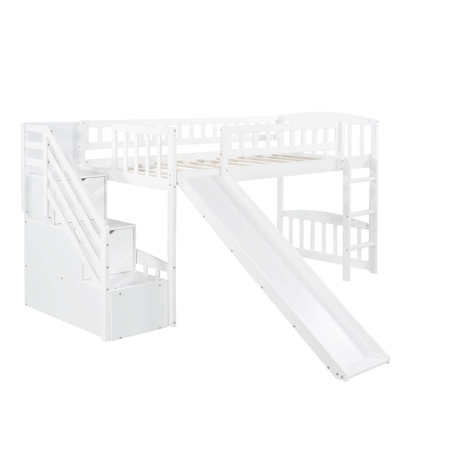 White Twin Size Stairway Loft Bed With Slide By Homeroots | Beds | Modishstore - 5