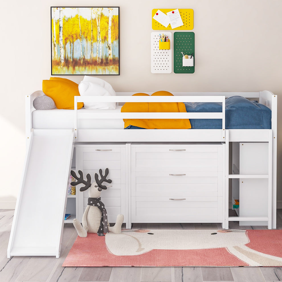 White Twin Size Low Loft Bed With Cabinets And Slide By Homeroots | Beds | Modishstore - 2