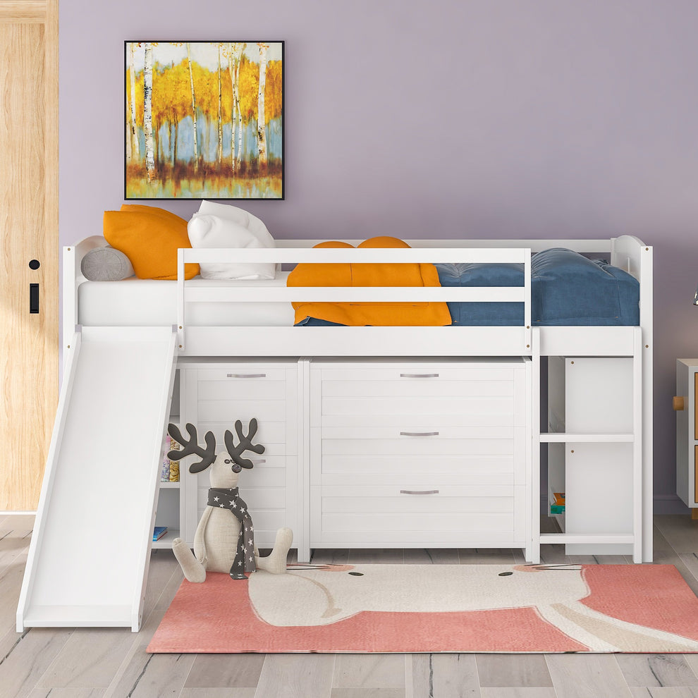 White Twin Size Low Loft Bed With Cabinets And Slide By Homeroots | Beds | Modishstore - 3
