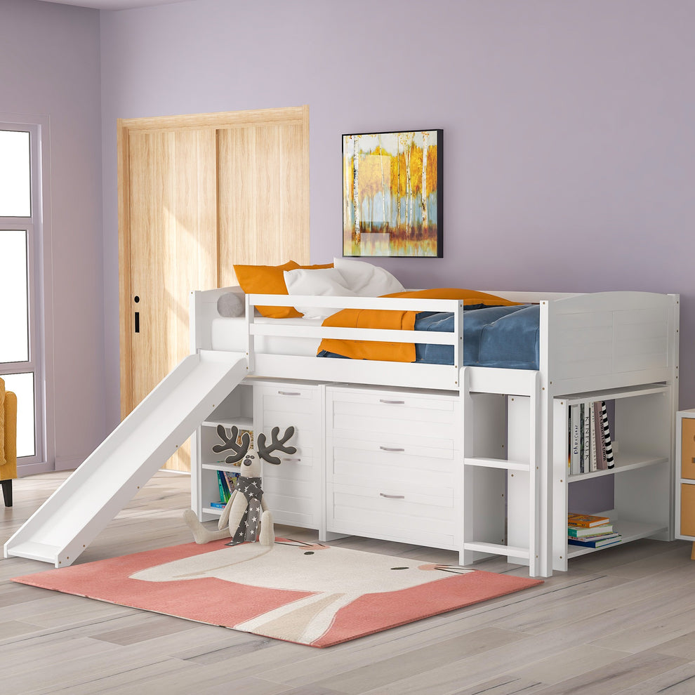 White Twin Size Low Loft Bed With Cabinets And Slide By Homeroots | Beds | Modishstore - 4