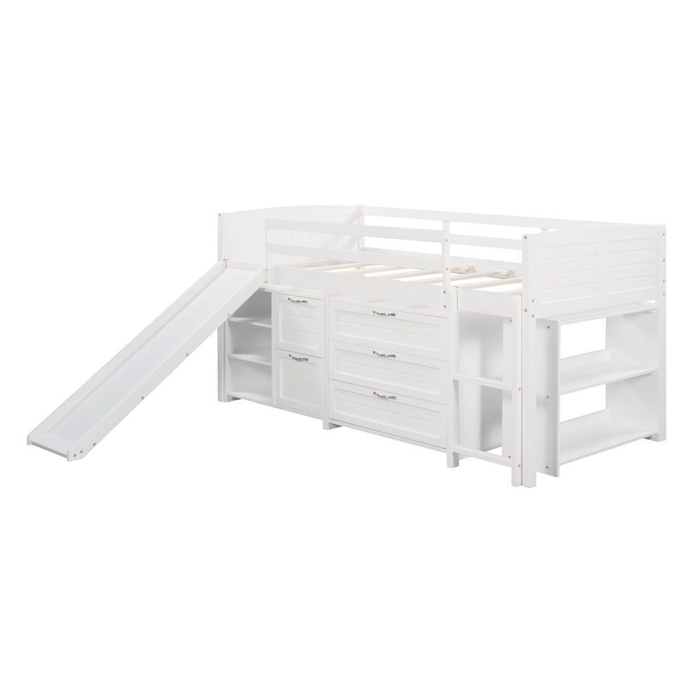 White Twin Size Low Loft Bed With Cabinets And Slide By Homeroots | Beds | Modishstore - 5