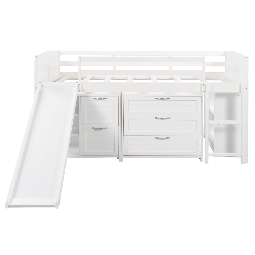 White Twin Size Low Loft Bed With Cabinets And Slide By Homeroots | Beds | Modishstore - 6