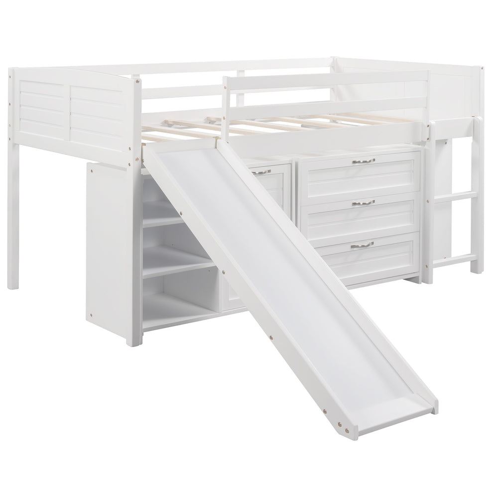White Twin Size Low Loft Bed With Cabinets And Slide By Homeroots | Beds | Modishstore - 7