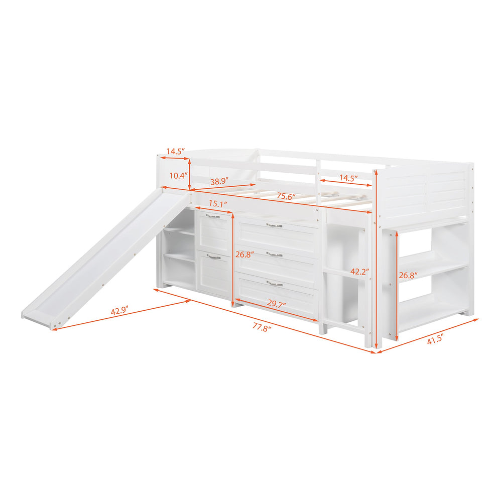 White Twin Size Low Loft Bed With Cabinets And Slide By Homeroots | Beds | Modishstore - 9