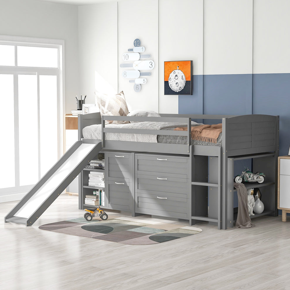 White Twin Size Low Loft Bed With Cabinets And Slide By Homeroots | Beds | Modishstore - 10