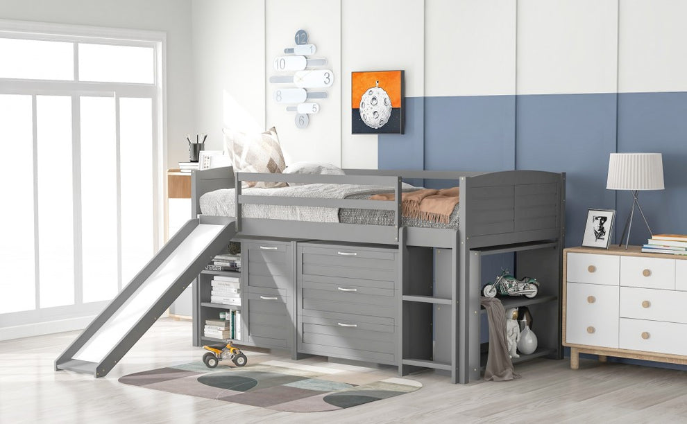 White Twin Size Low Loft Bed With Cabinets And Slide By Homeroots | Beds | Modishstore - 11