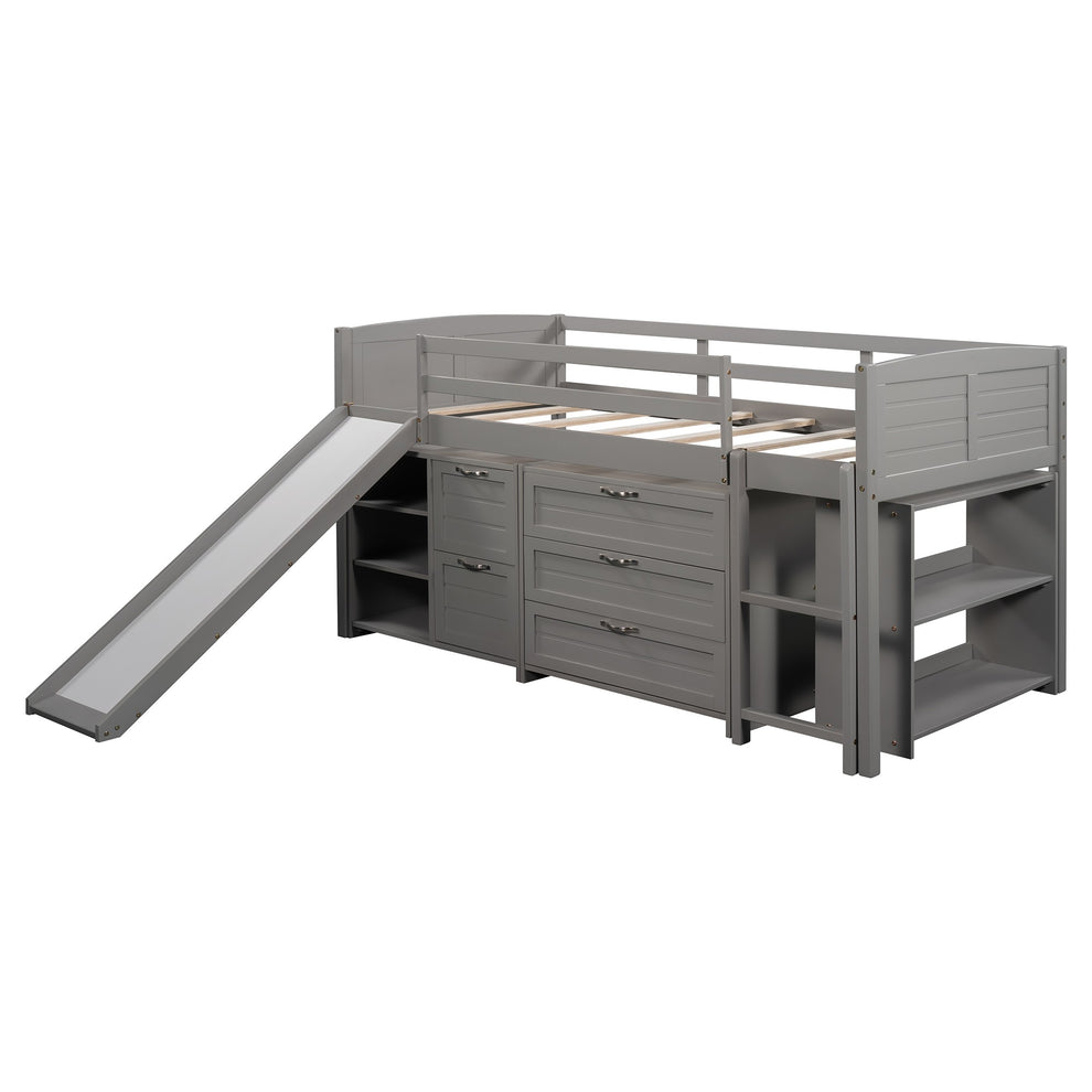White Twin Size Low Loft Bed With Cabinets And Slide By Homeroots | Beds | Modishstore - 12