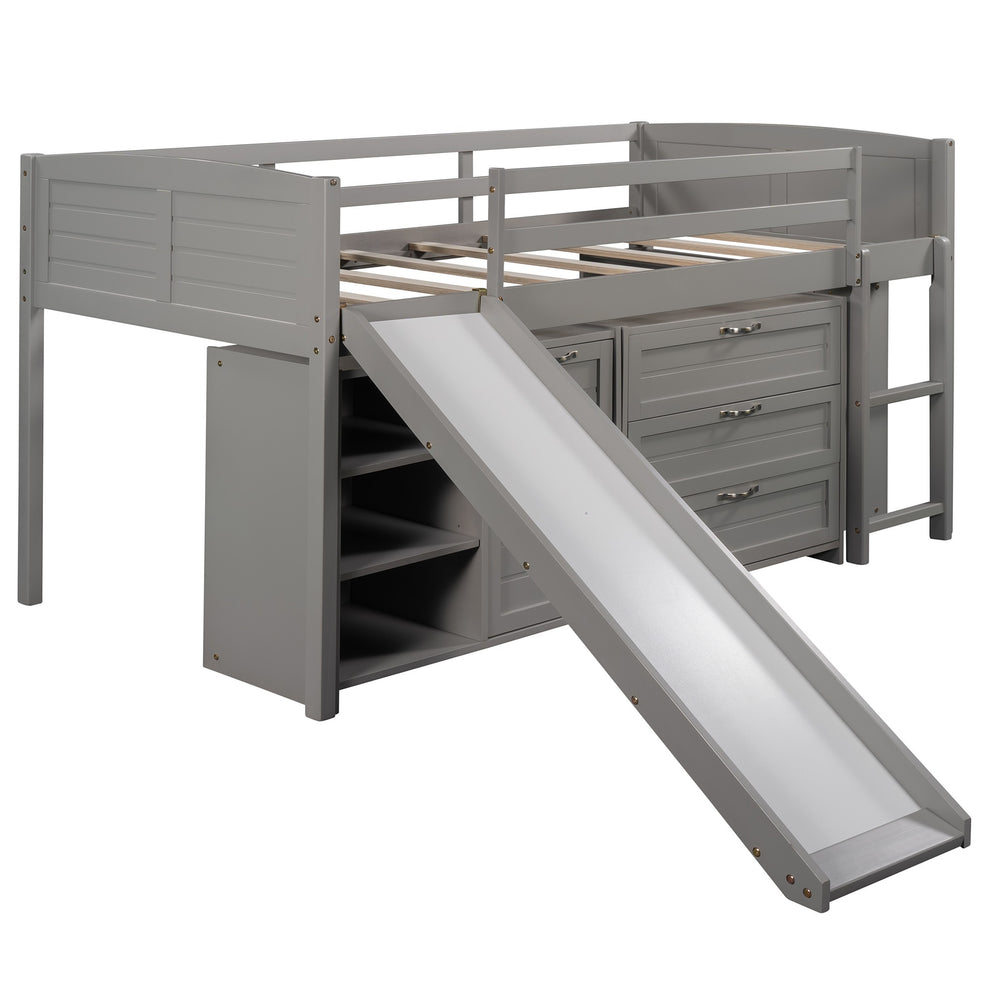 White Twin Size Low Loft Bed With Cabinets And Slide By Homeroots | Beds | Modishstore - 14