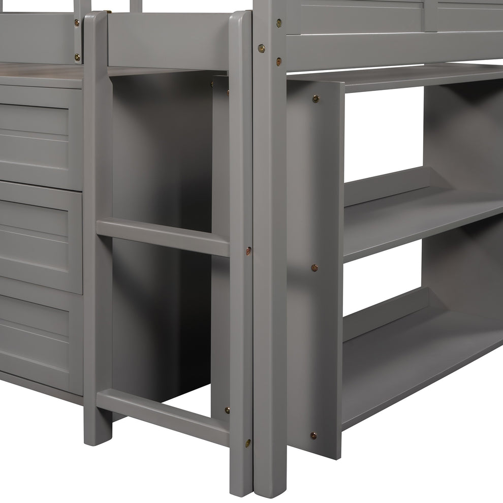 White Twin Size Low Loft Bed With Cabinets And Slide By Homeroots | Beds | Modishstore - 16
