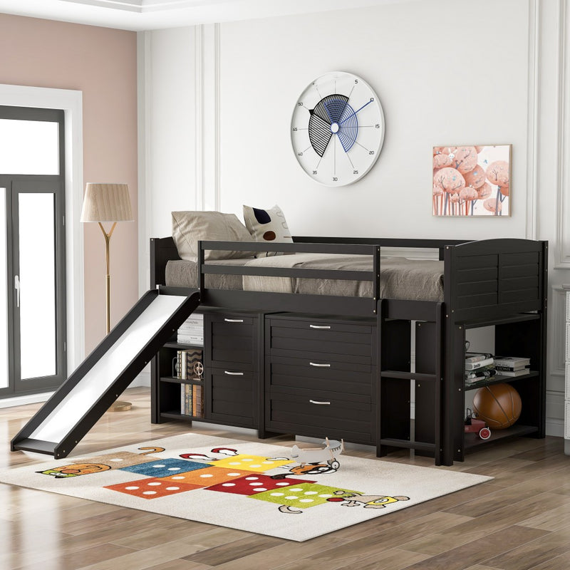 White Twin Size Low Loft Bed With Cabinets And Slide By Homeroots | Beds | Modishstore - 19