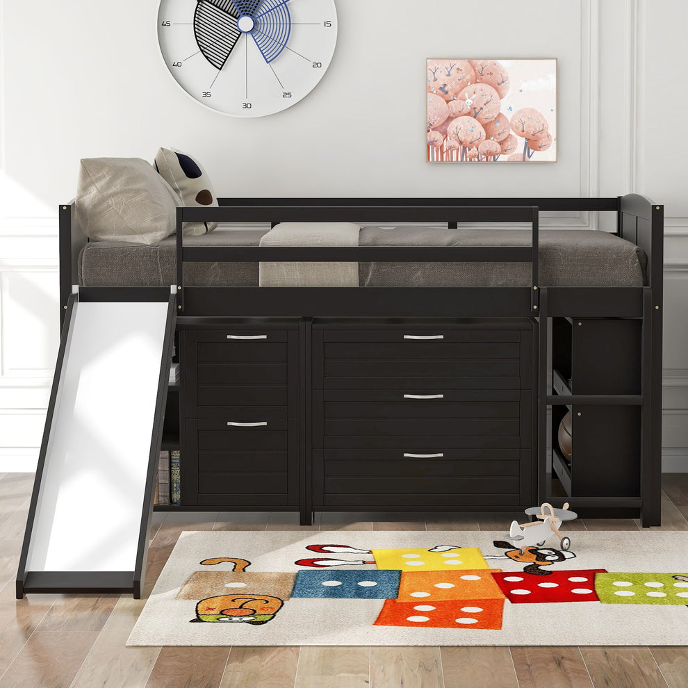 White Twin Size Low Loft Bed With Cabinets And Slide By Homeroots | Beds | Modishstore - 20