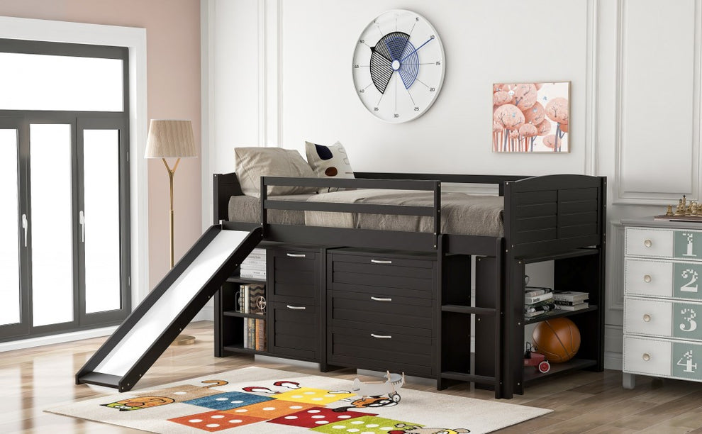 White Twin Size Low Loft Bed With Cabinets And Slide By Homeroots | Beds | Modishstore - 21