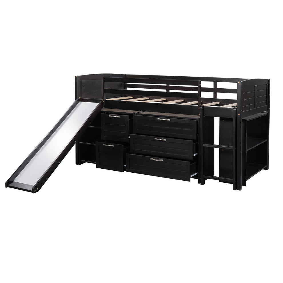 White Twin Size Low Loft Bed With Cabinets And Slide By Homeroots | Beds | Modishstore - 23