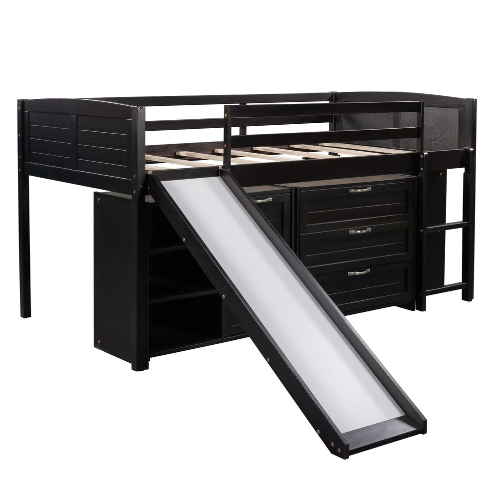 White Twin Size Low Loft Bed With Cabinets And Slide By Homeroots | Beds | Modishstore - 24