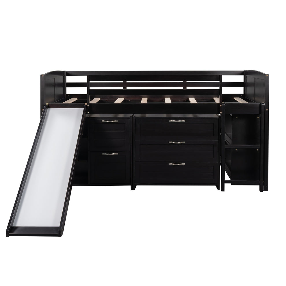 White Twin Size Low Loft Bed With Cabinets And Slide By Homeroots | Beds | Modishstore - 25