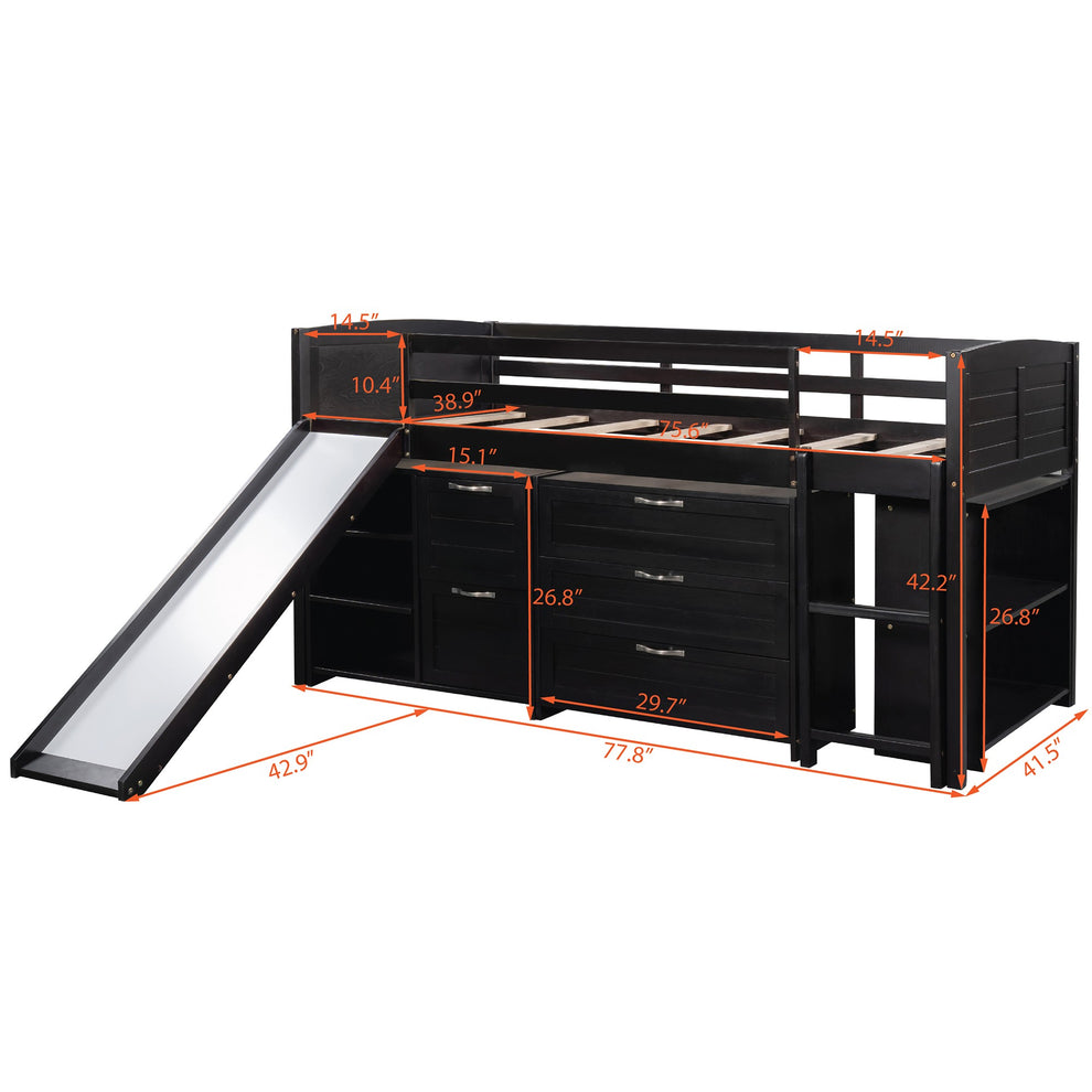 White Twin Size Low Loft Bed With Cabinets And Slide By Homeroots | Beds | Modishstore - 26