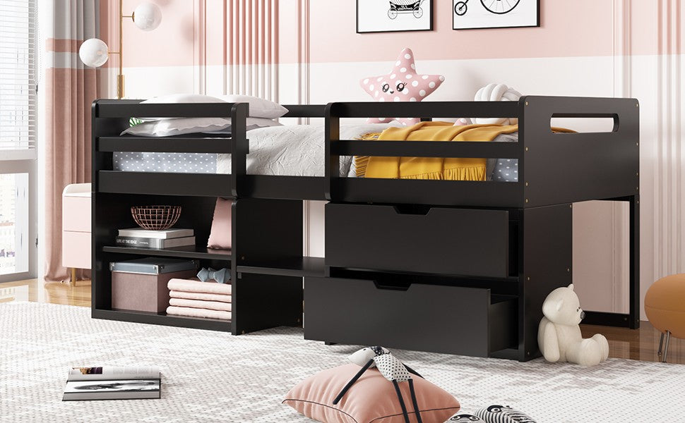 Brown Twin Size Low Loft Bed With Shelves And Drawers By Homeroots | Beds | Modishstore - 3