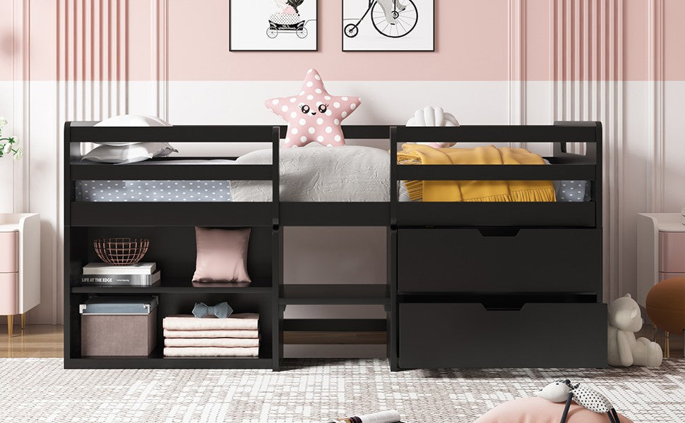 Brown Twin Size Low Loft Bed With Shelves And Drawers By Homeroots | Beds | Modishstore - 4