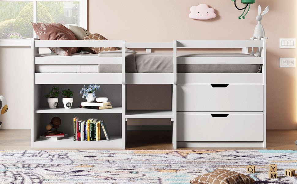 Brown Twin Size Low Loft Bed With Shelves And Drawers By Homeroots | Beds | Modishstore - 13