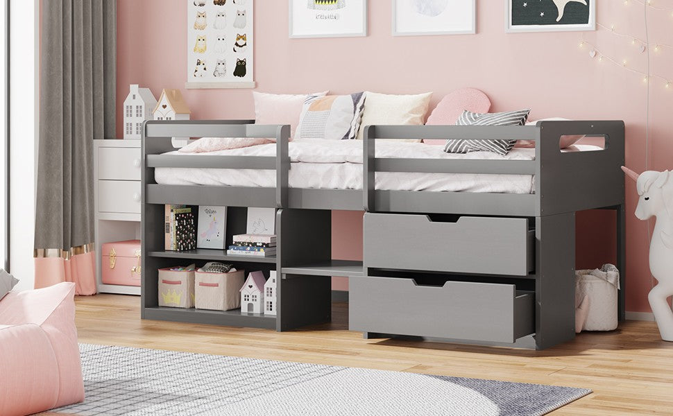 Brown Twin Size Low Loft Bed With Shelves And Drawers By Homeroots | Beds | Modishstore - 21