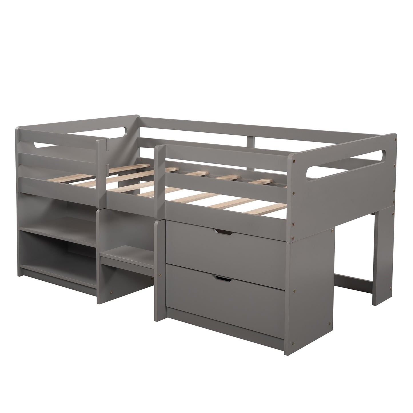 Brown Twin Size Low Loft Bed With Shelves And Drawers By Homeroots | Beds | Modishstore - 23