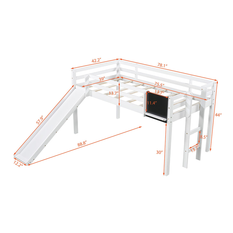 White Twin Loft Bed Bed Chalkboard And Slide By Homeroots | Beds | Modishstore - 9