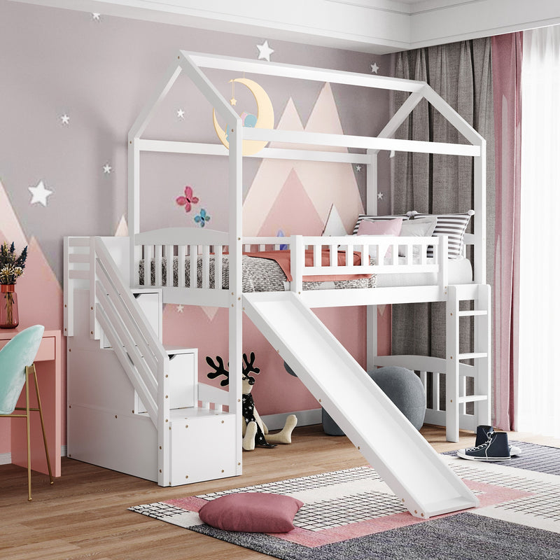 White Twin Size Playhouse Loft Bed With Drawers And Slide By Homeroots | Beds | Modishstore
