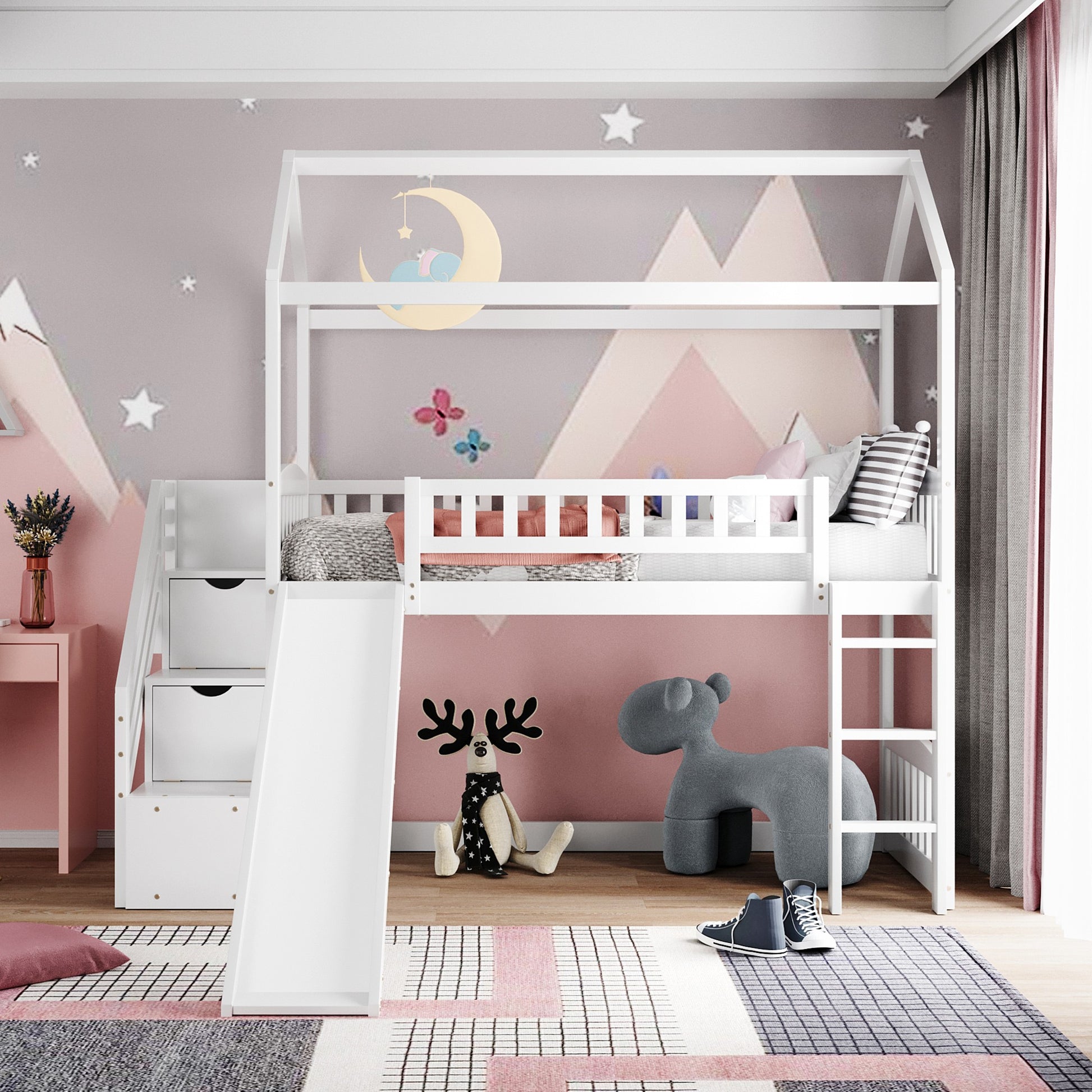 White Twin Size Playhouse Loft Bed With Drawers And Slide By Homeroots | Beds | Modishstore - 2