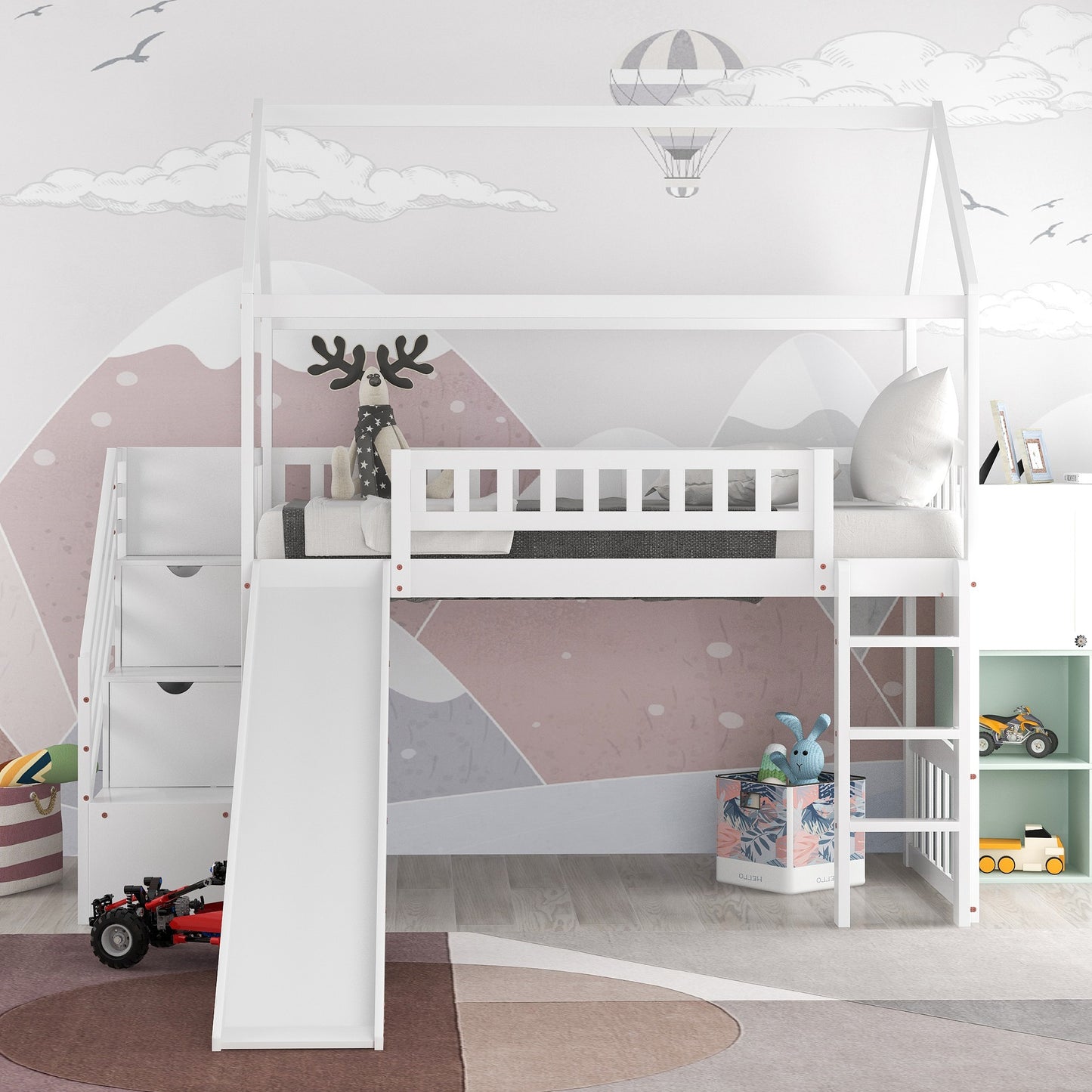 White Twin Size Playhouse Loft Bed With Drawers And Slide By Homeroots | Beds | Modishstore - 3
