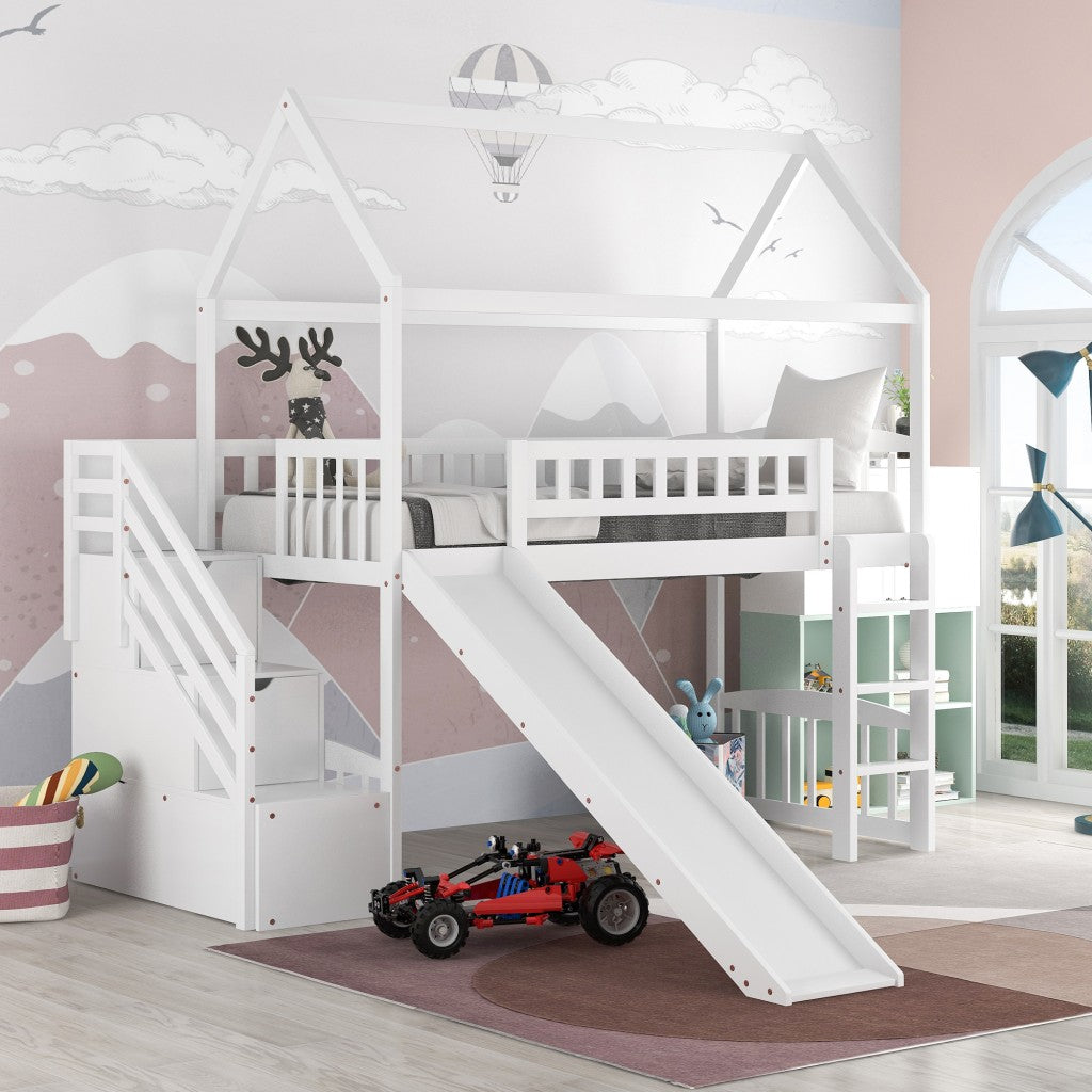 White Twin Size Playhouse Loft Bed With Drawers And Slide By Homeroots | Beds | Modishstore - 4
