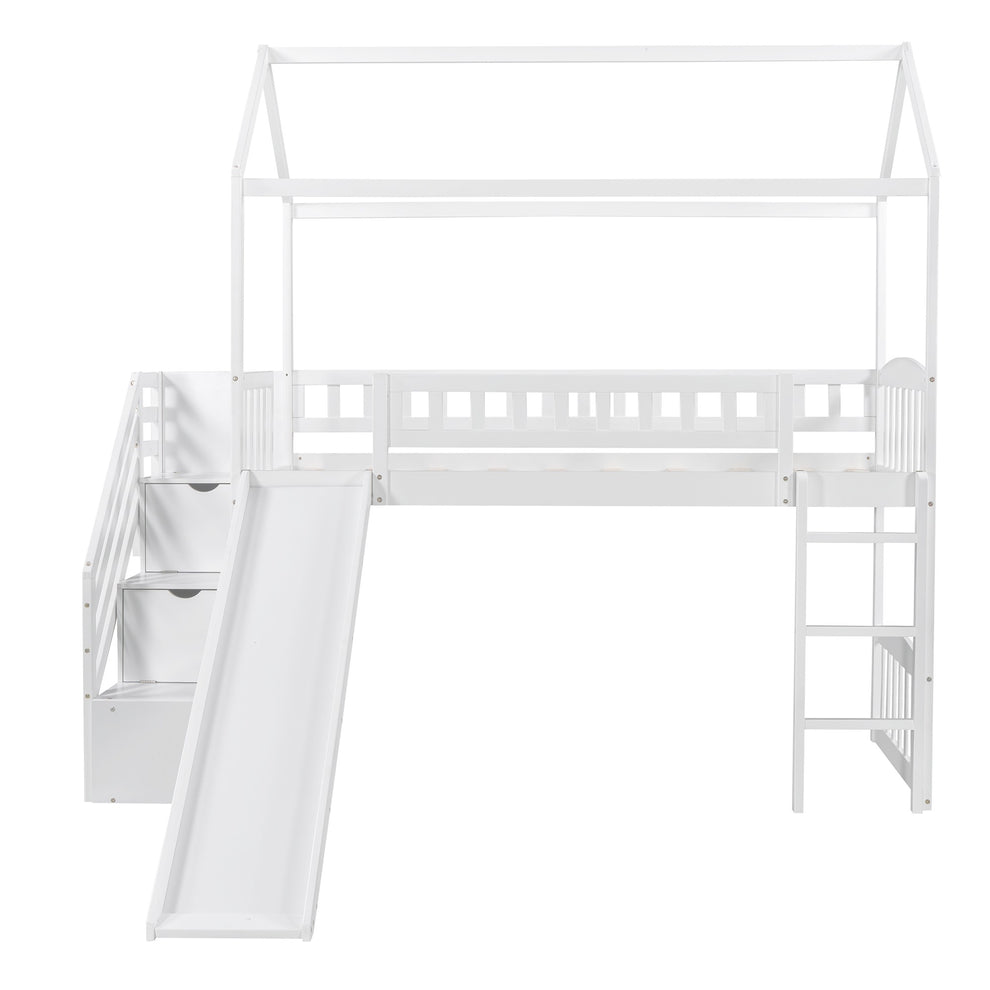 White Twin Size Playhouse Loft Bed With Drawers And Slide By Homeroots | Beds | Modishstore - 5
