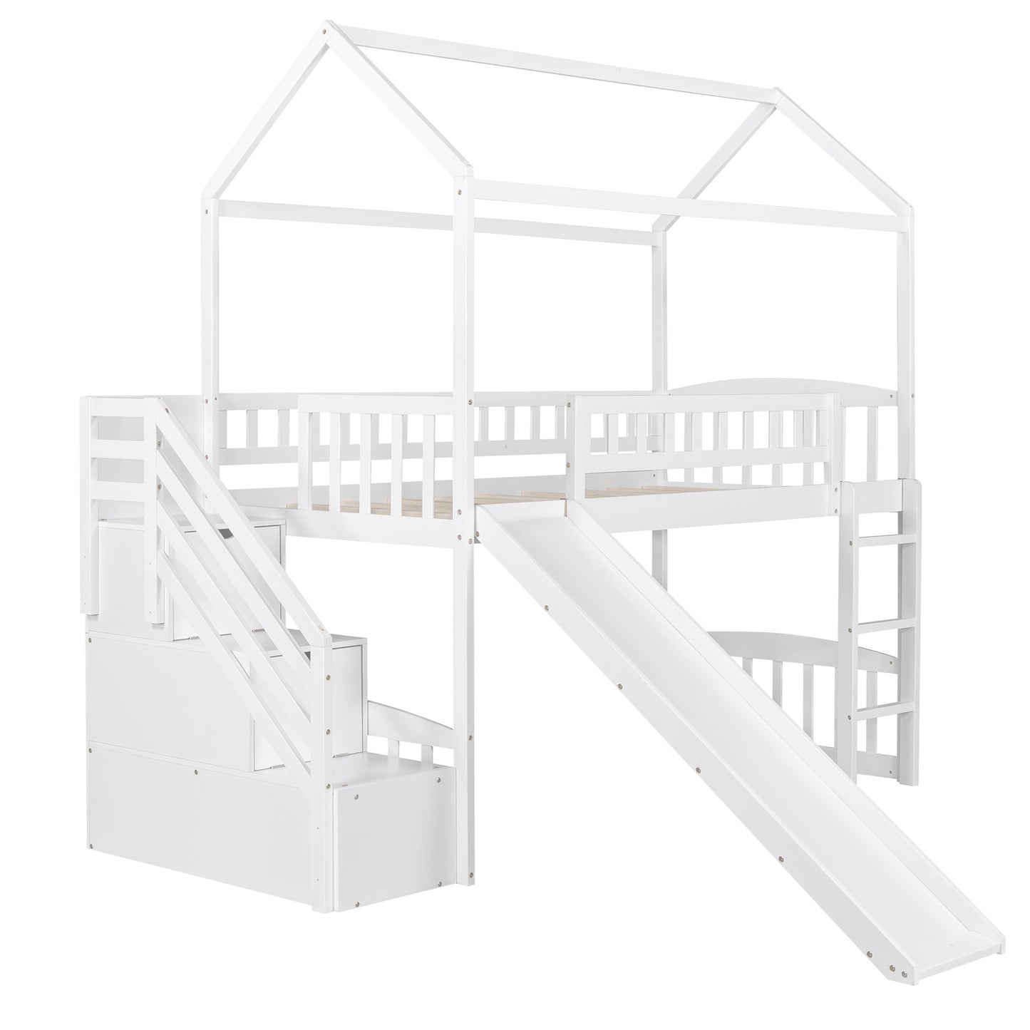 White Twin Size Playhouse Loft Bed With Drawers And Slide By Homeroots | Beds | Modishstore - 6