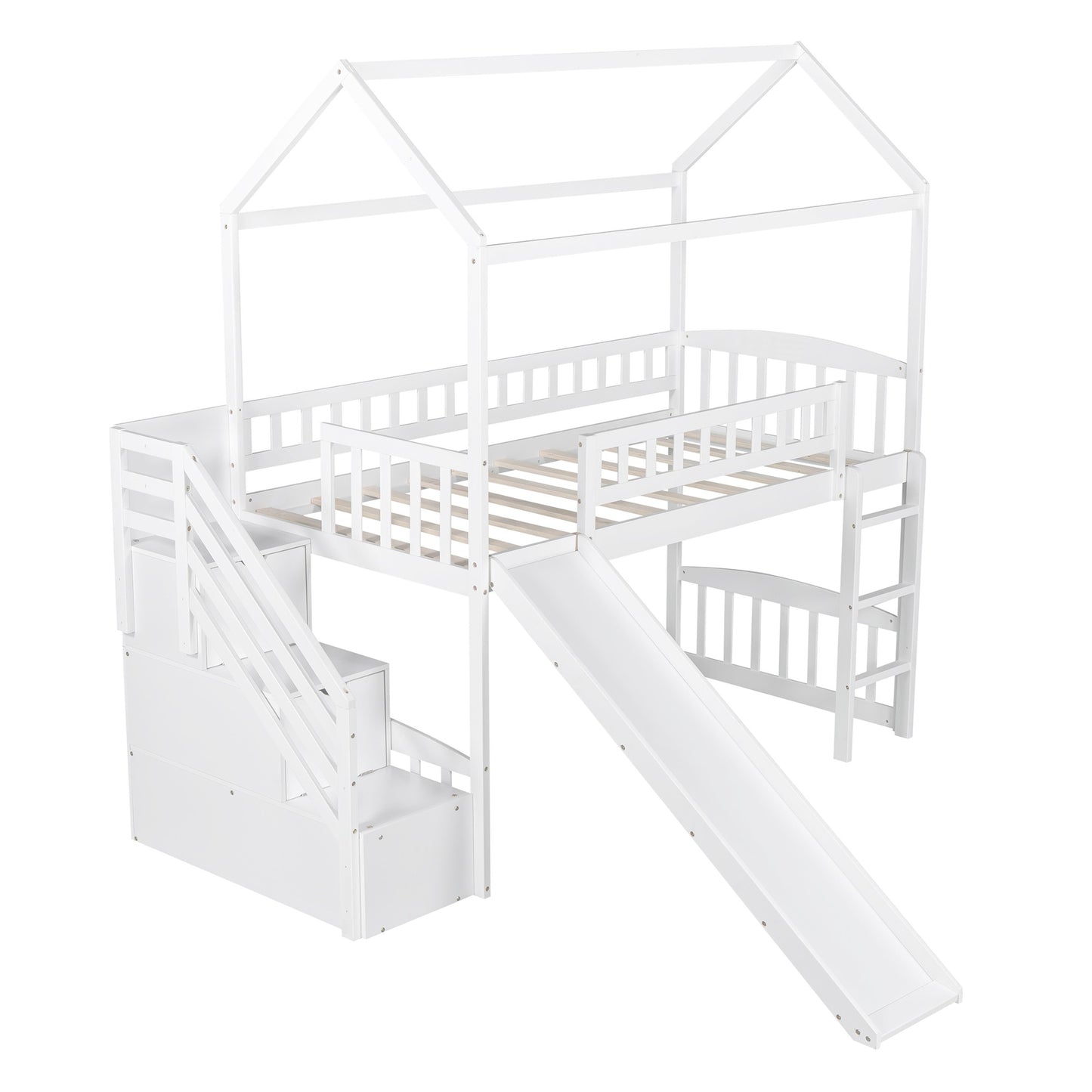 White Twin Size Playhouse Loft Bed With Drawers And Slide By Homeroots | Beds | Modishstore - 7