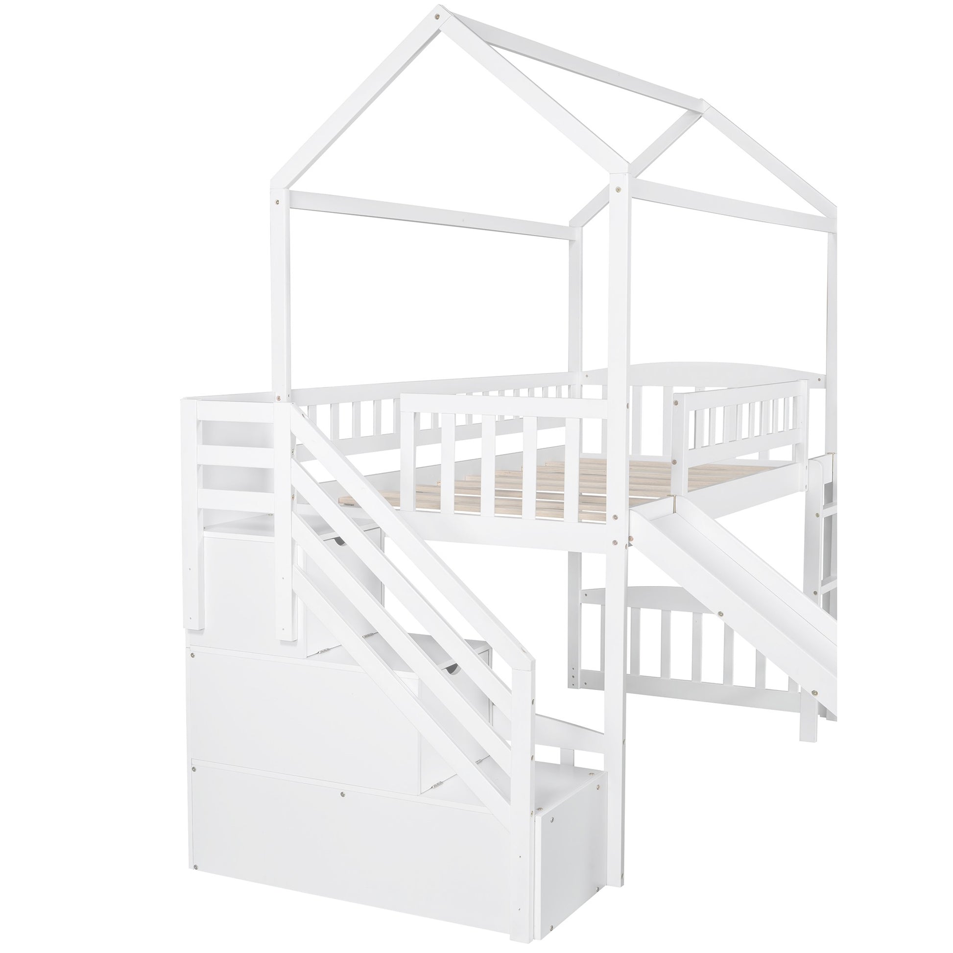 White Twin Size Playhouse Loft Bed With Drawers And Slide By Homeroots | Beds | Modishstore - 8