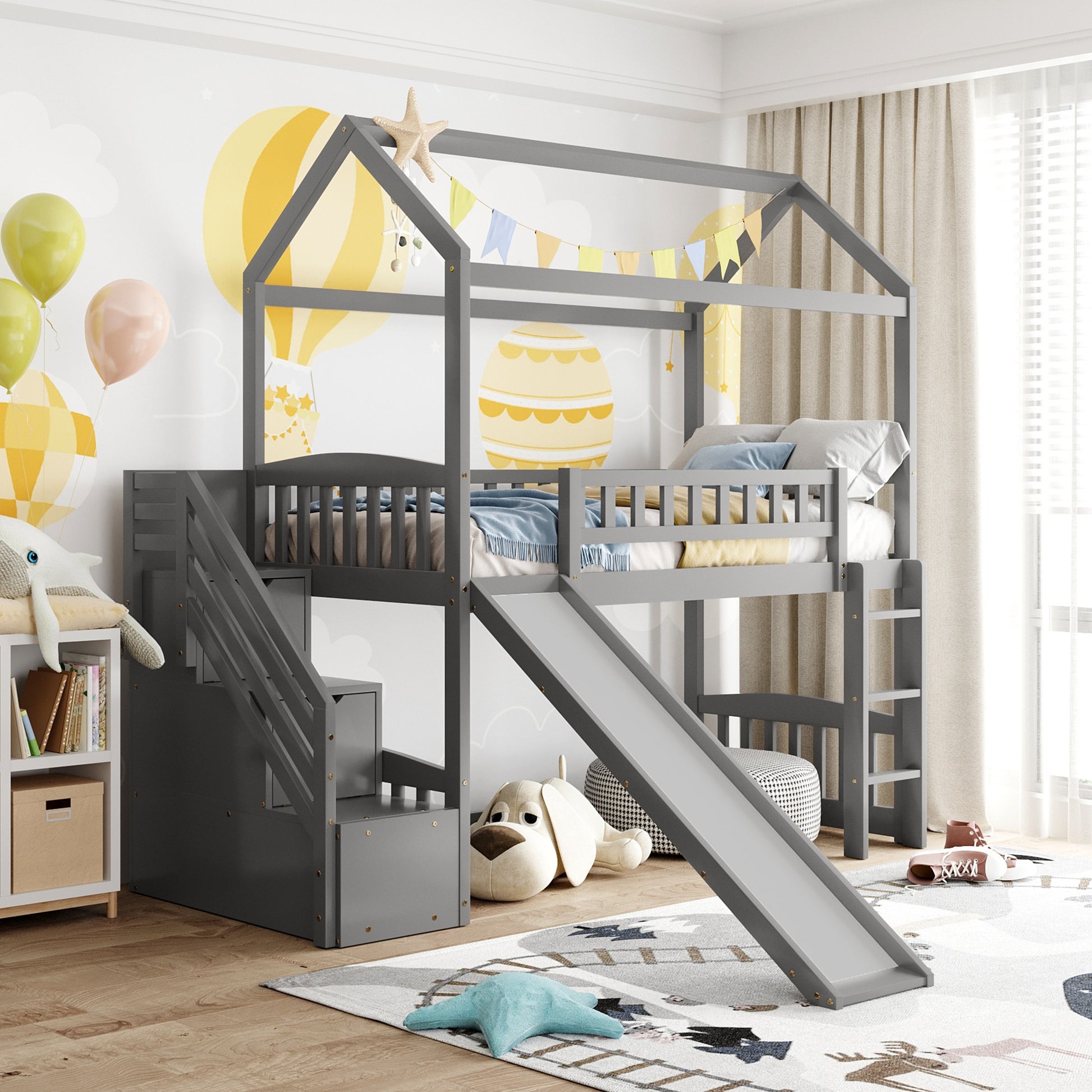 White Twin Size Playhouse Loft Bed With Drawers And Slide By Homeroots | Beds | Modishstore - 10