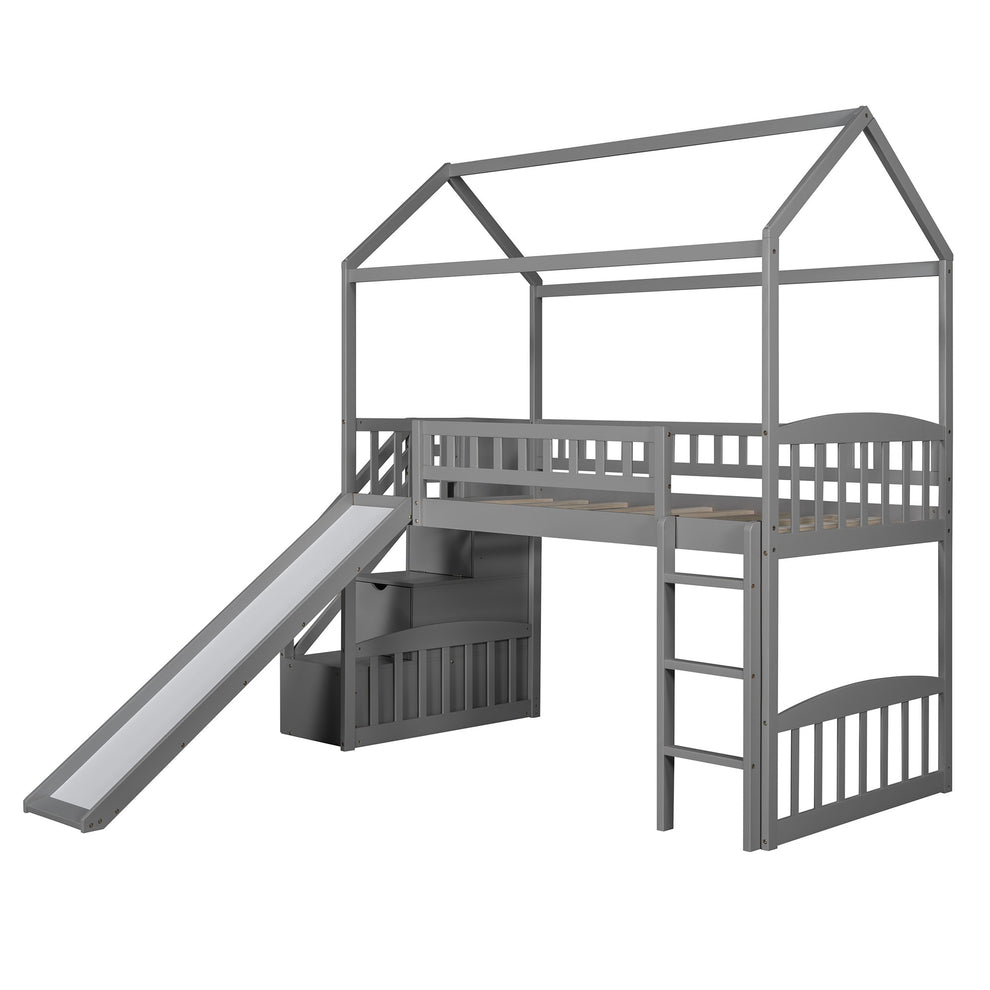 White Twin Size Playhouse Loft Bed With Drawers And Slide By Homeroots | Beds | Modishstore - 14