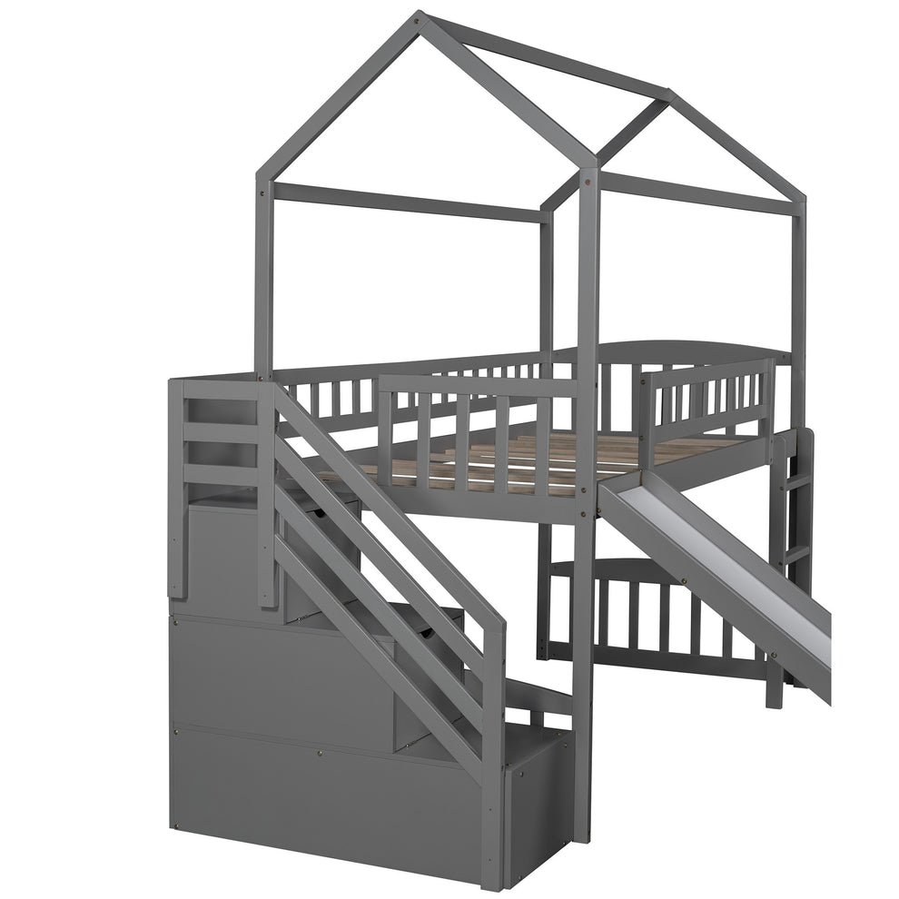 White Twin Size Playhouse Loft Bed With Drawers And Slide By Homeroots | Beds | Modishstore - 15