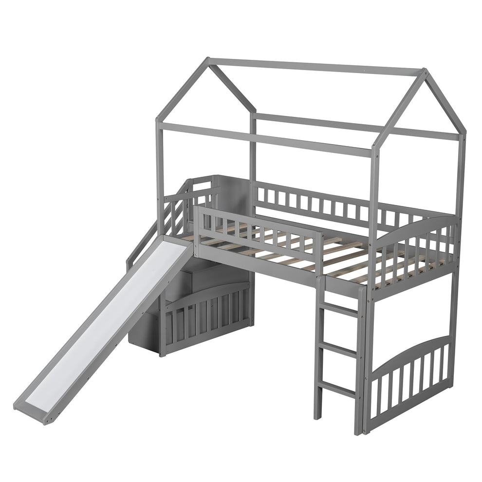 White Twin Size Playhouse Loft Bed With Drawers And Slide By Homeroots | Beds | Modishstore - 18