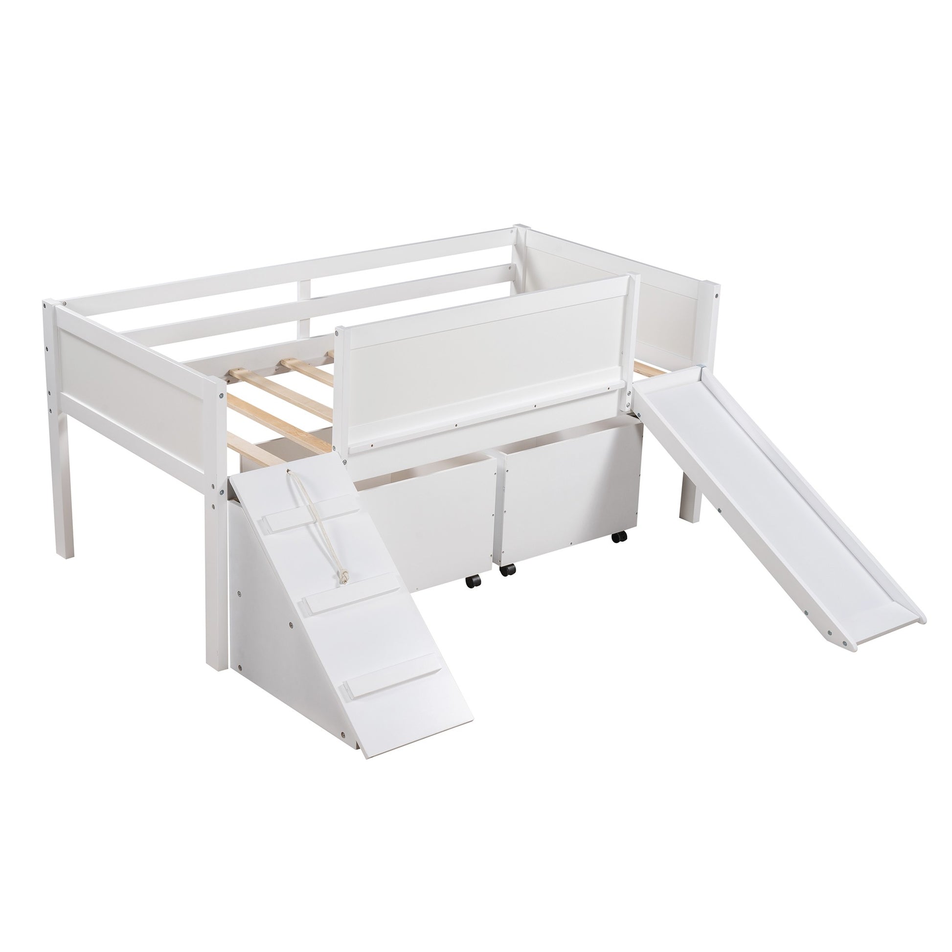 White Twin Size Low Slide Loft Bed With Storage Boxes By Homeroots | Beds | Modishstore - 3