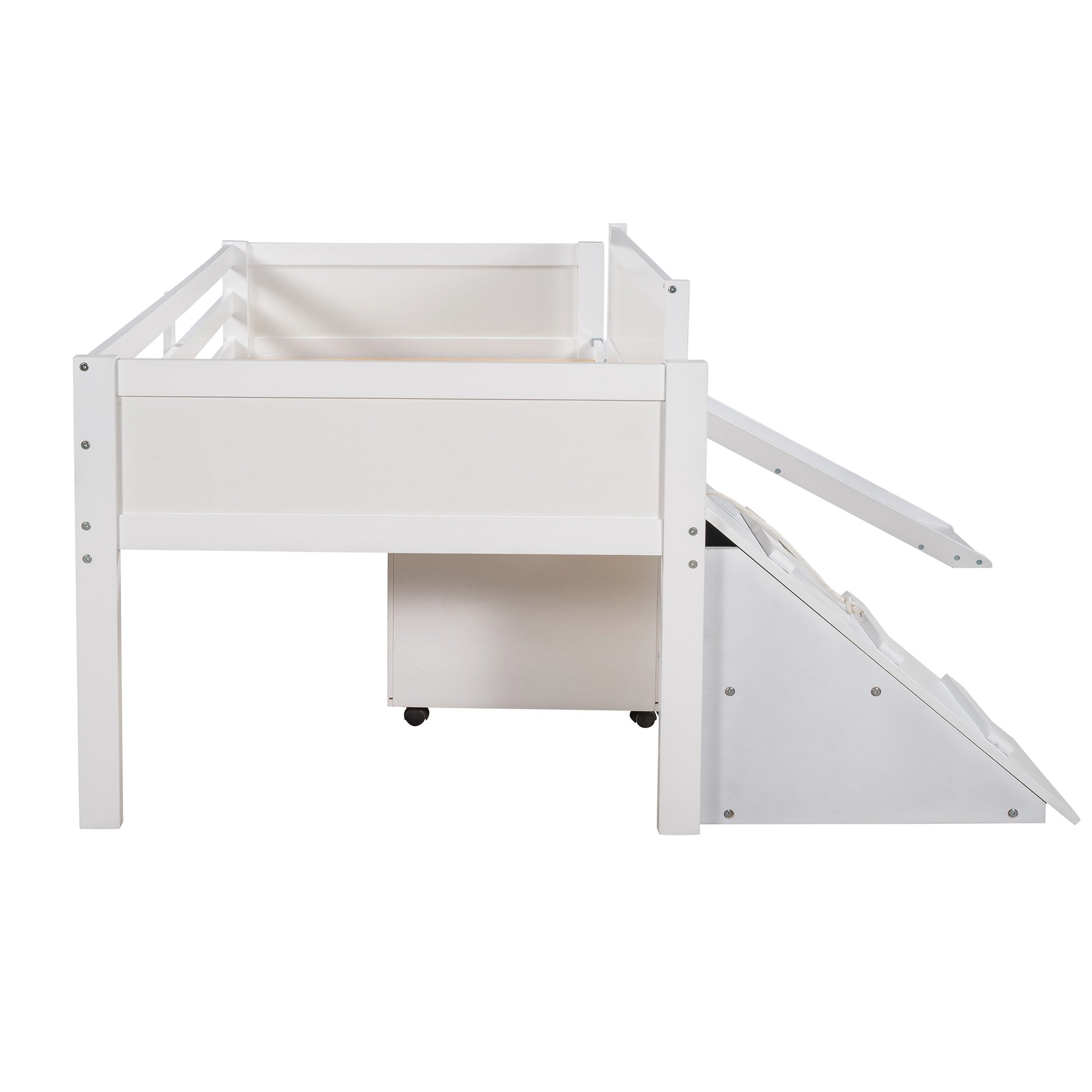 White Twin Size Low Slide Loft Bed With Storage Boxes By Homeroots | Beds | Modishstore - 9