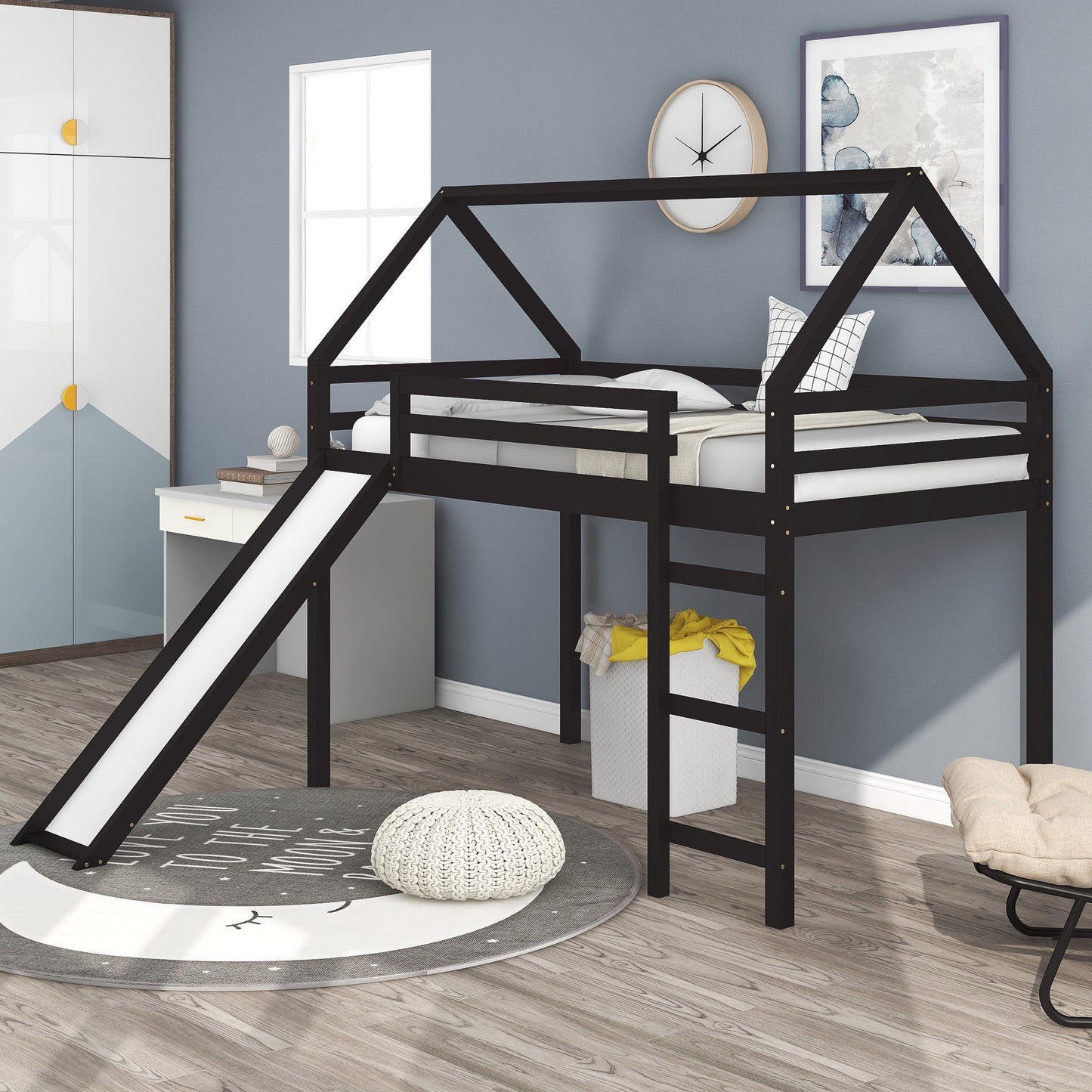 Brown Twin Size Slide House Loft Bed By Homeroots | Beds | Modishstore