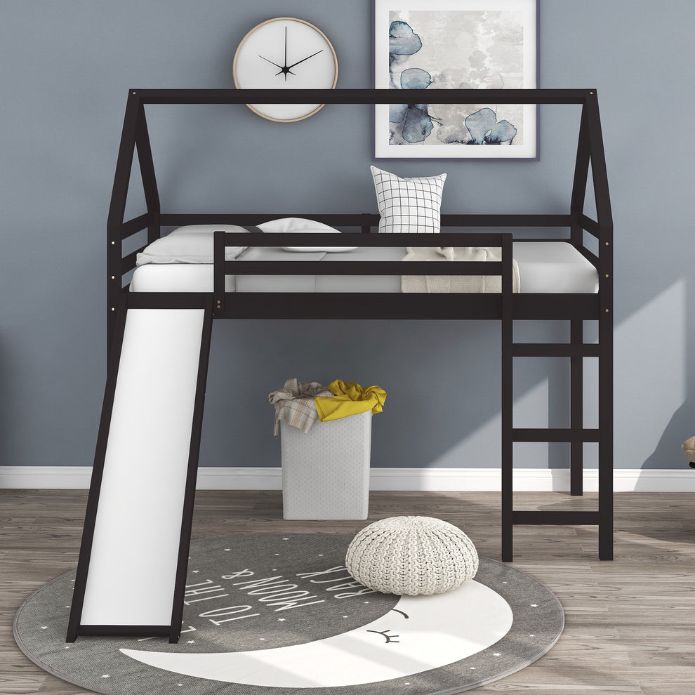 Brown Twin Size Slide House Loft Bed By Homeroots | Beds | Modishstore - 2