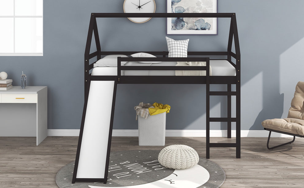 Brown Twin Size Slide House Loft Bed By Homeroots | Beds | Modishstore - 3
