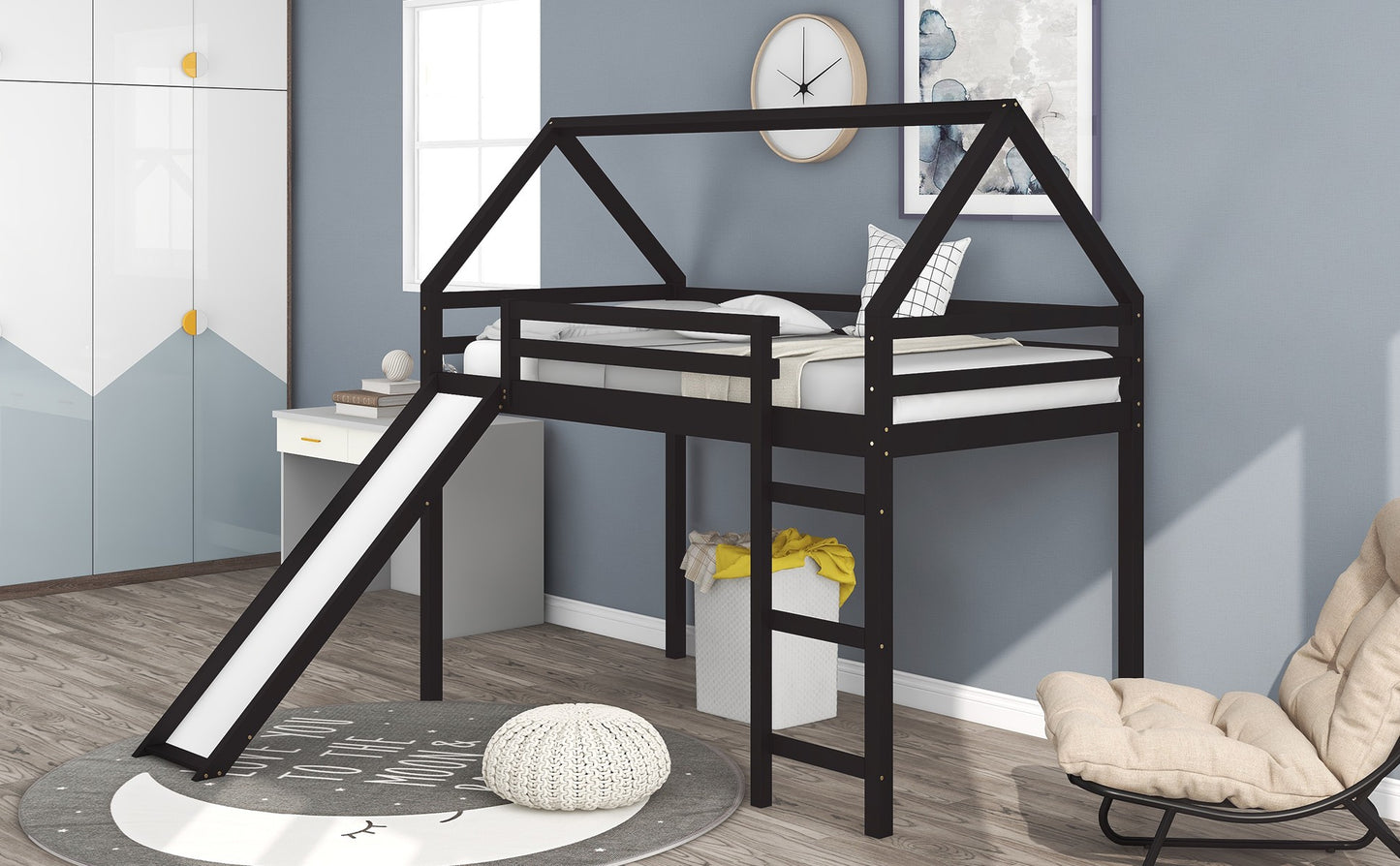 Brown Twin Size Slide House Loft Bed By Homeroots | Beds | Modishstore - 4