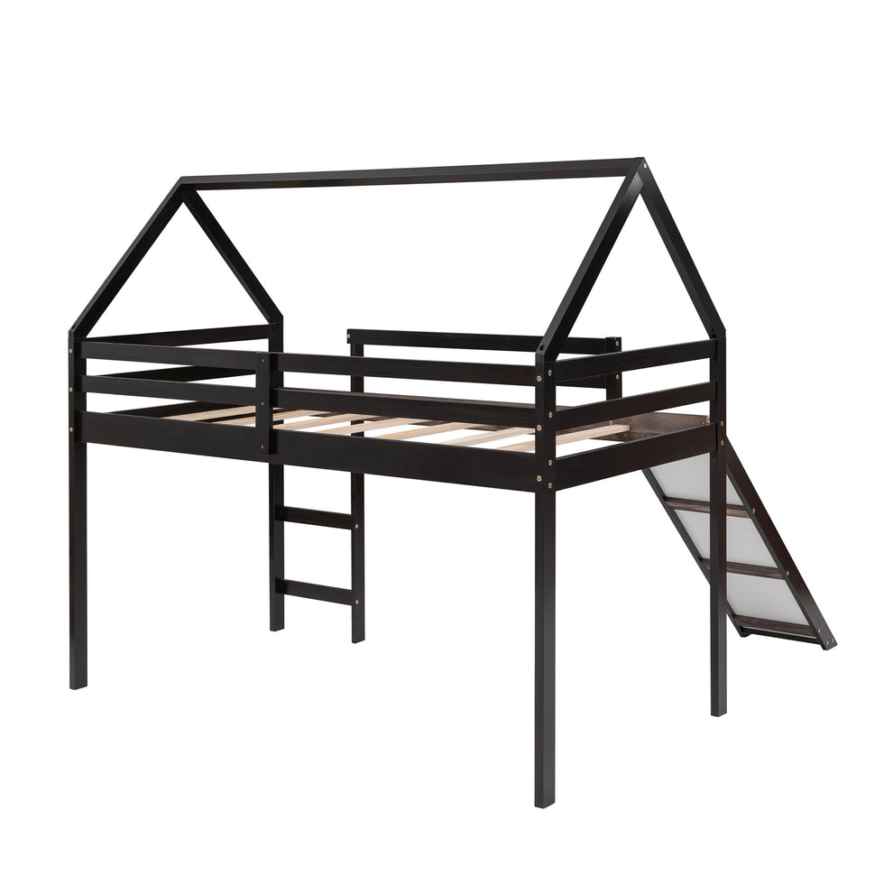 Brown Twin Size Slide House Loft Bed By Homeroots | Beds | Modishstore - 7