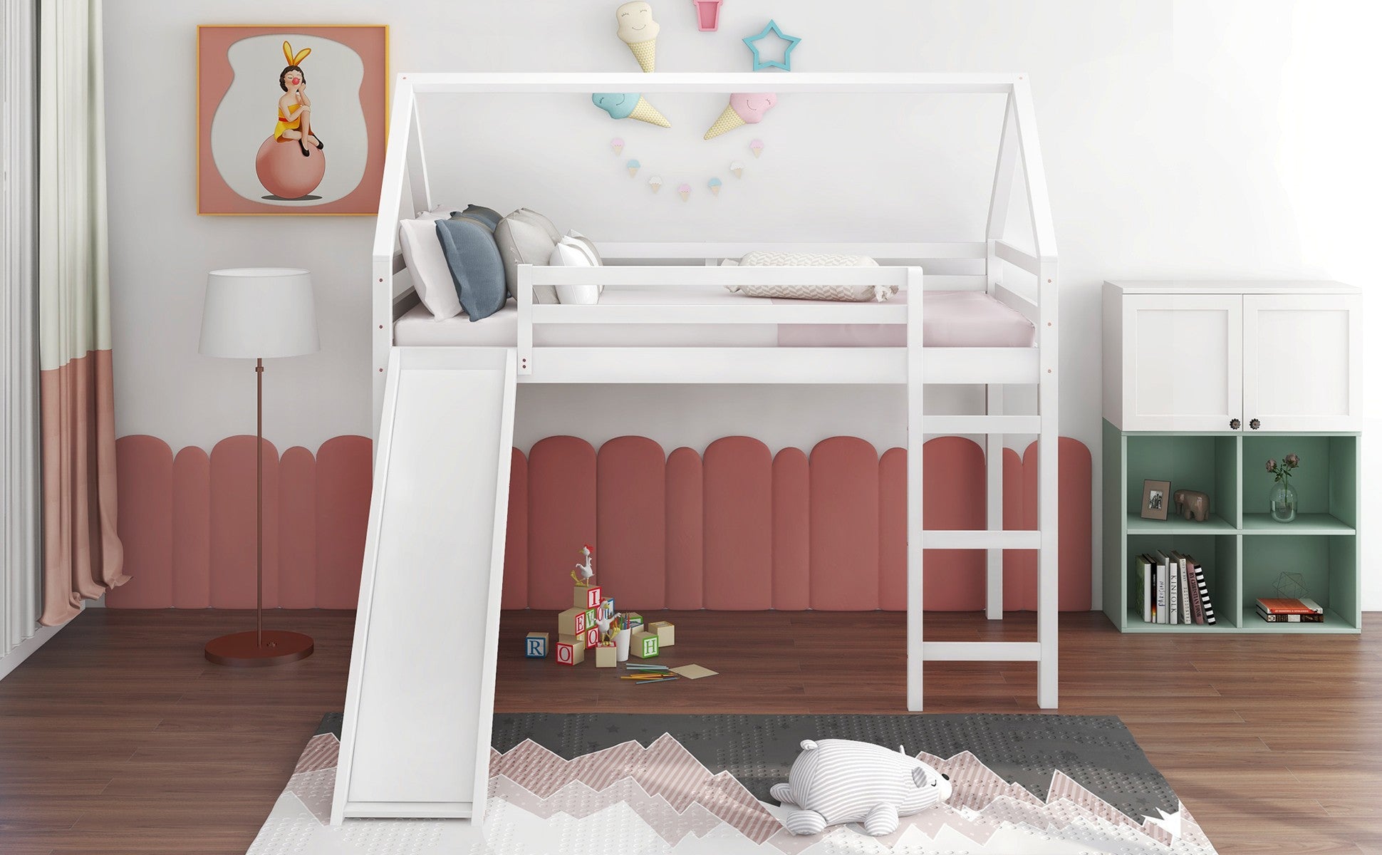 White Twin Size Slide House Loft Bed By Homeroots | Beds | Modishstore - 2