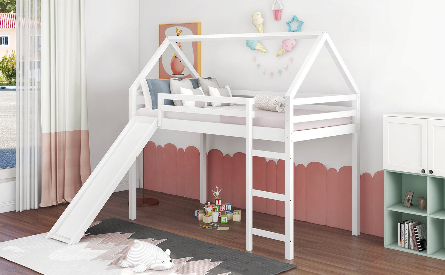 White Twin Size Slide House Loft Bed By Homeroots | Beds | Modishstore - 3